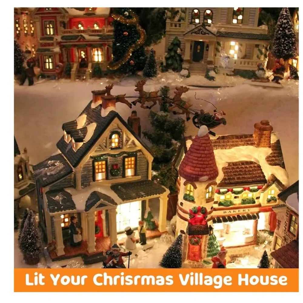 Indoor LED White Village Lights 12 Lights, 6 Power Cords NIB